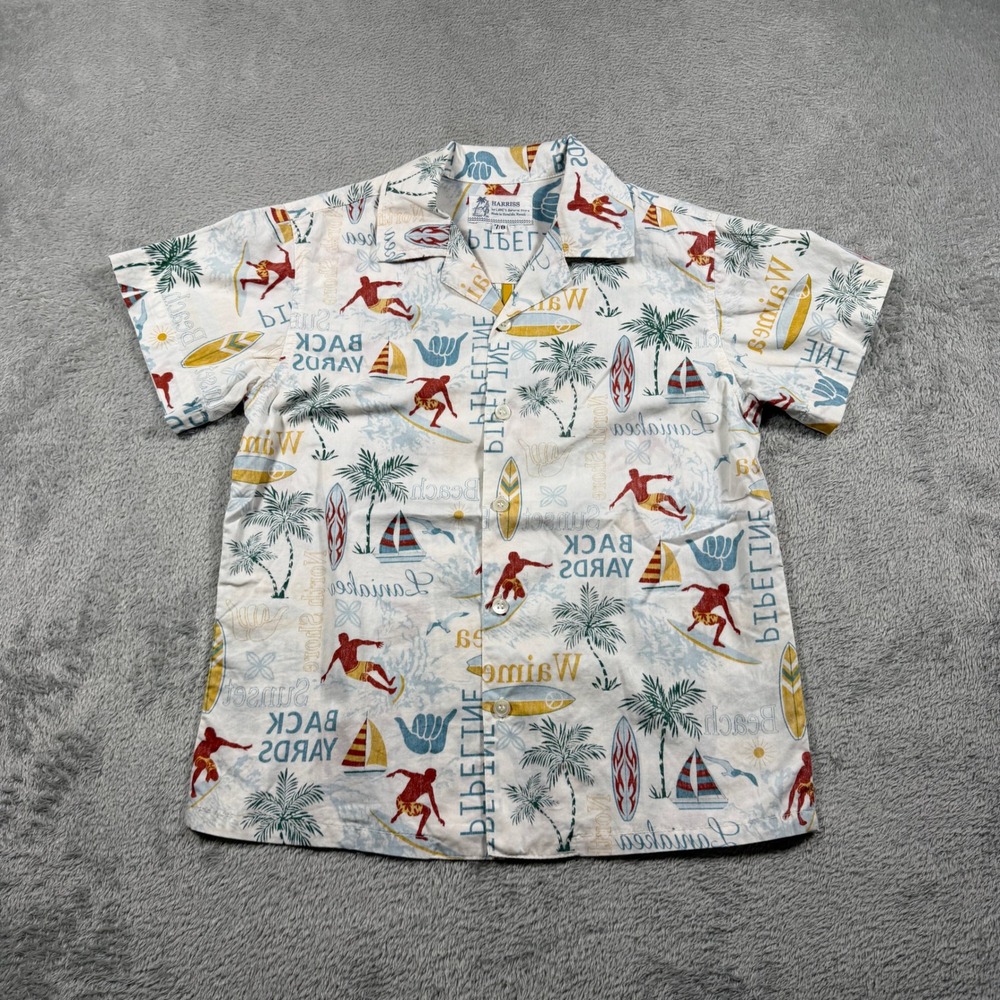 Harriss Button Up Shirt Kids 7/8 White Surf Hawaiian Print Short Sleeve